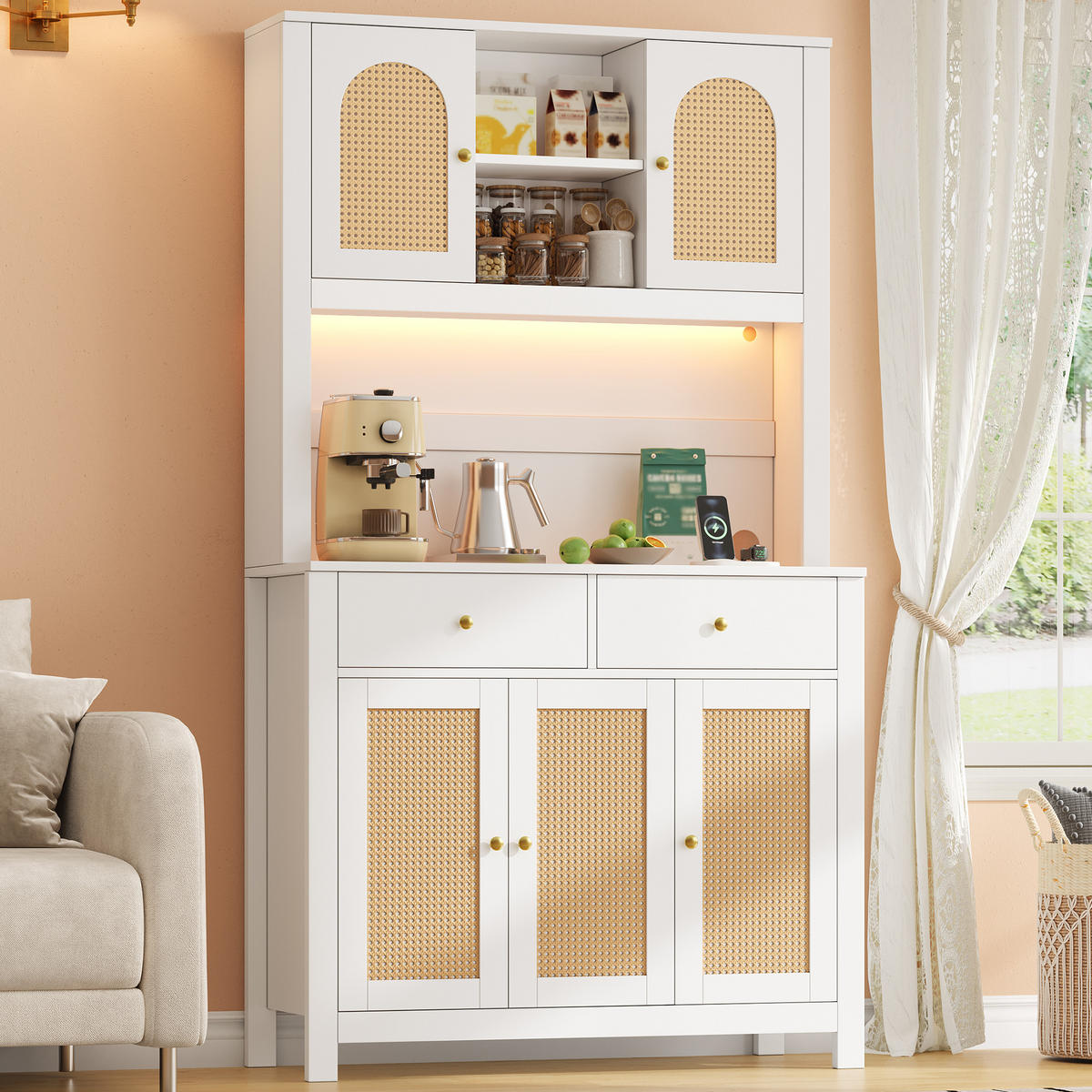 BUFFET DE-38637 100/40/180 cm LED-Beleuchtung und 5 Rattantüren Weiß - Weiß, Holzwerkstoff (100/180/40cm) - ComfortXL