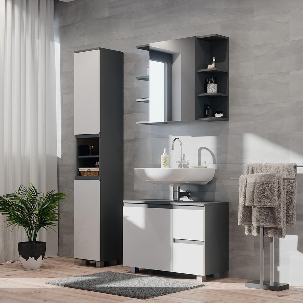 BADSCHRANK J-Shape Weiß 30 x 190 cm - Weiß, Holzwerkstoff (30/190/30cm) - Vicco