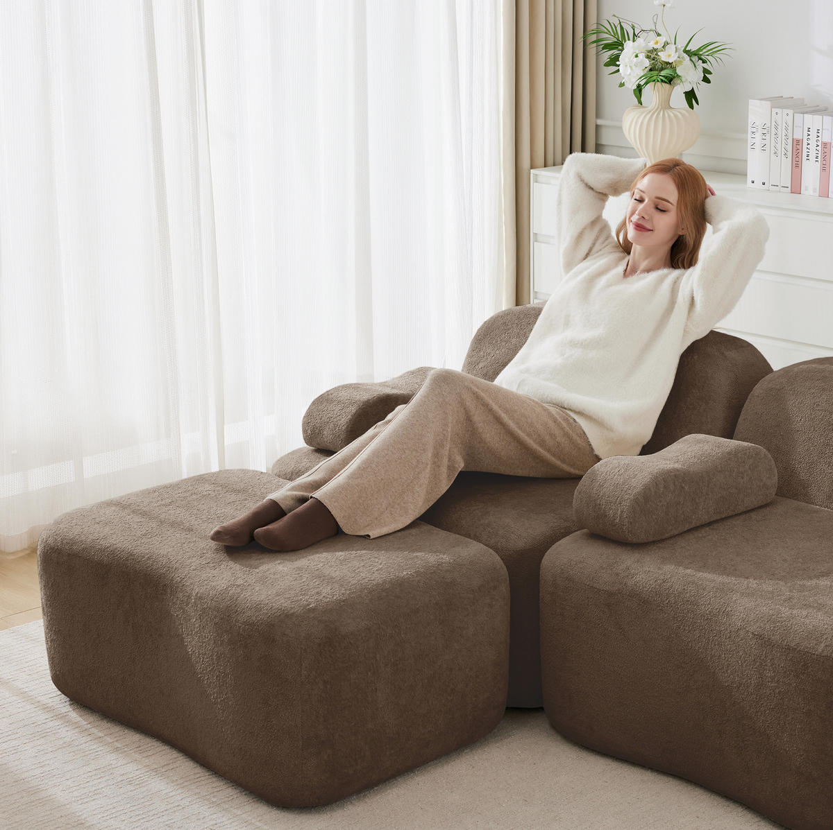 SOFA modular mit Hocker Samt Braun - Braun, Holzwerkstoff (167/70/192cm) - Meubliv