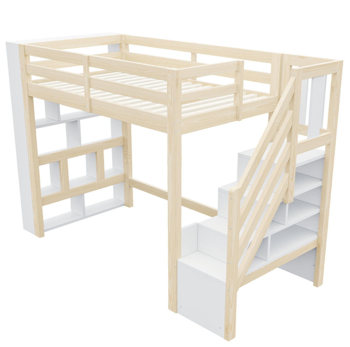 HOCHBETT aus Kiefernholz 90x200 cm Natur/Weiß mit Stauraumtreppe, Regalfächern und LED-Beleuchtung - Weiß, Holz (90/200cm) - Modfu