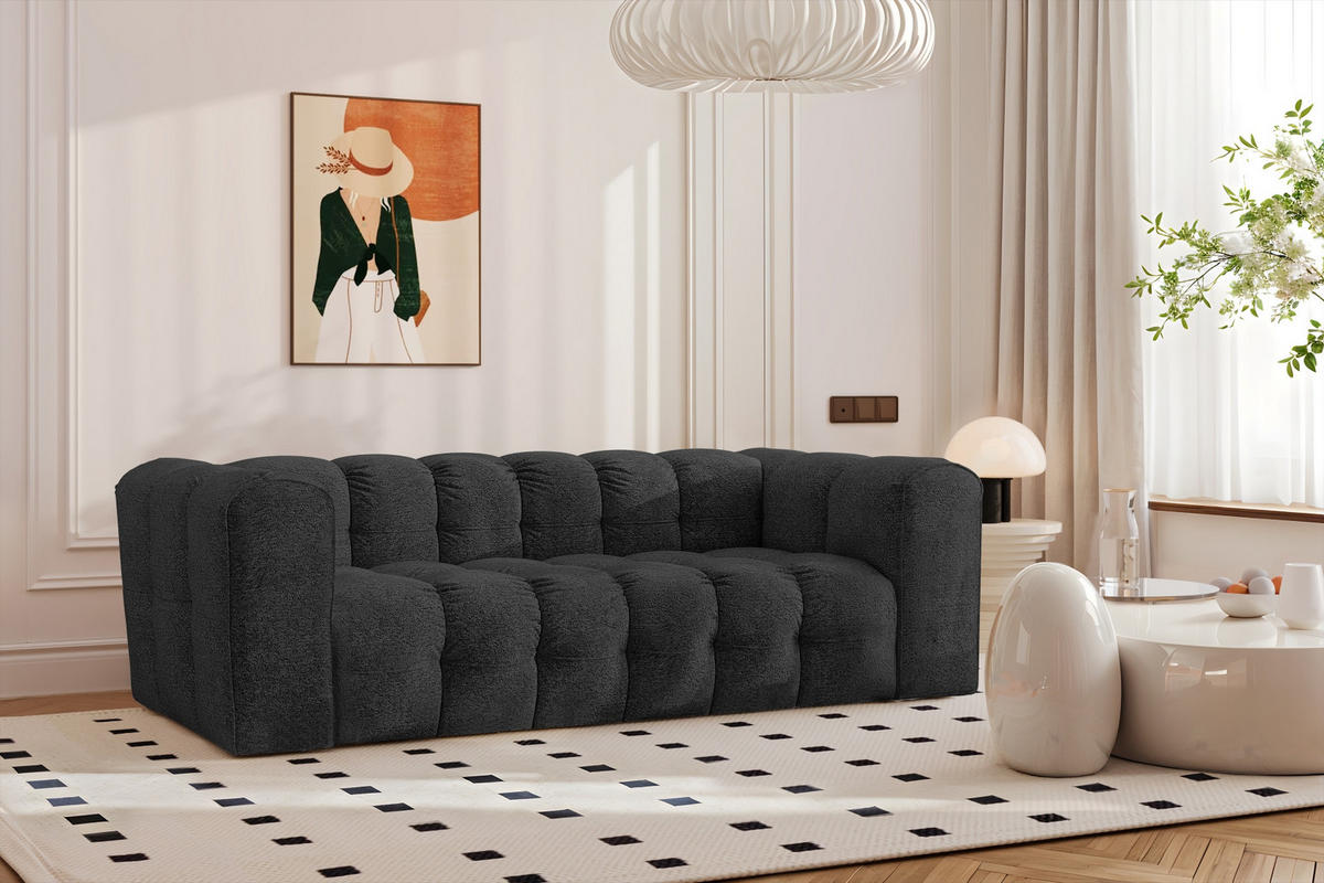 SOFA 3-Sitzer, Komfort, BALOO, Stoff Schenille & Bouclé, Graphit - Graphitfarben, Holz (222/75/106cm) - Kaiser Möbel