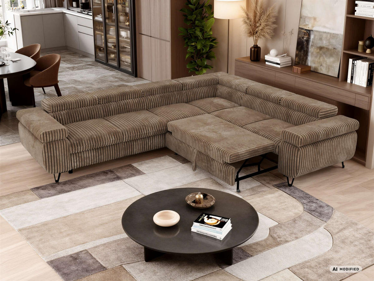 ECKSOFA NORDEN L - Braun Cord - Links Seite - Schwarz/Braun, Textil/Metall (269/329cm) - MKS
