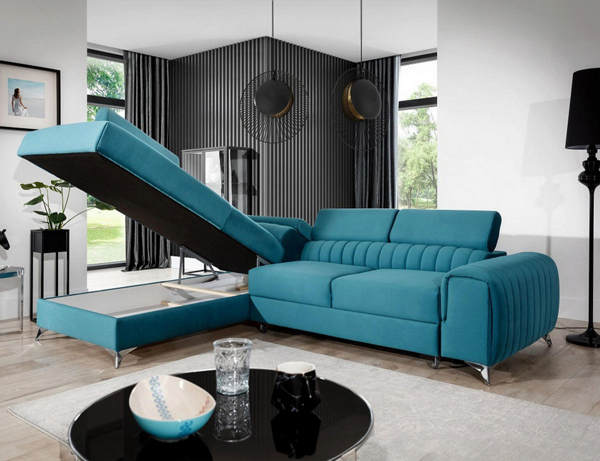 ECKSOFA Laurence mit Schlaffunktion & Bettkasten – 278 x 205 cm, verstellbare Kopfstützen - Blau, Kunststoff (278/205cm) - Wohnideebilder