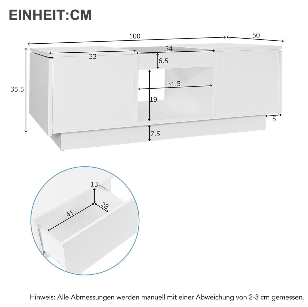 COUCHTISCH aus Spanplatte 100x50x35,5 cm in Weiß mit LED & App-Steuerung - Weiß, Holzwerkstoff (100/50/35.5cm) - Modfu