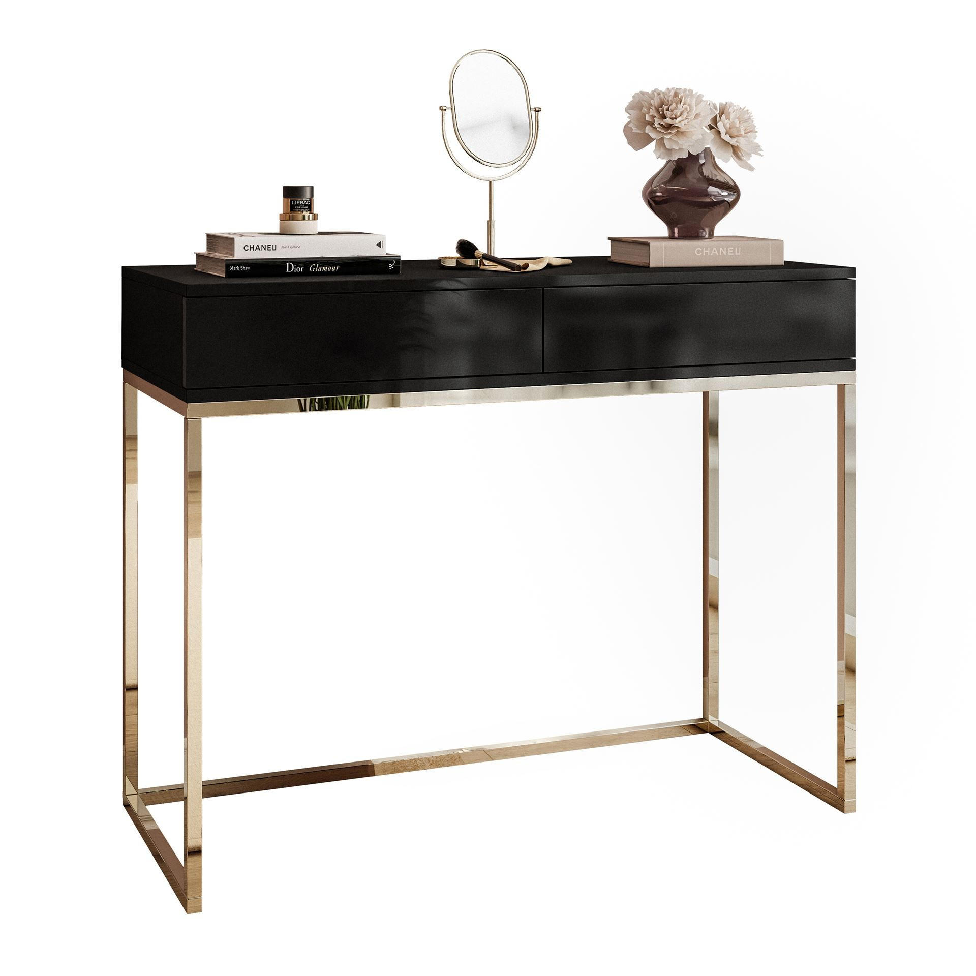 KONSOLE BLANCO mit Schubladen GOLD CHROM Schwarz Hochglanz PUSH OPEN - Schwarz Hochglanz/Goldfarben, Holzwerkstoff (42/100/81cm) - Lookway