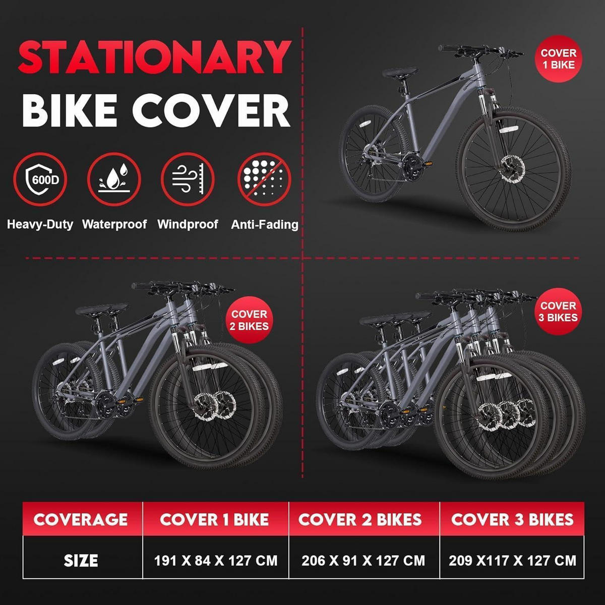 FAHRRADABDECKUNG für 2 Fahrräder 206 cm x 91 cm x 127 cm Wasserdicht & Heavy Duty - Schwarz, Textil (91/127/206cm)