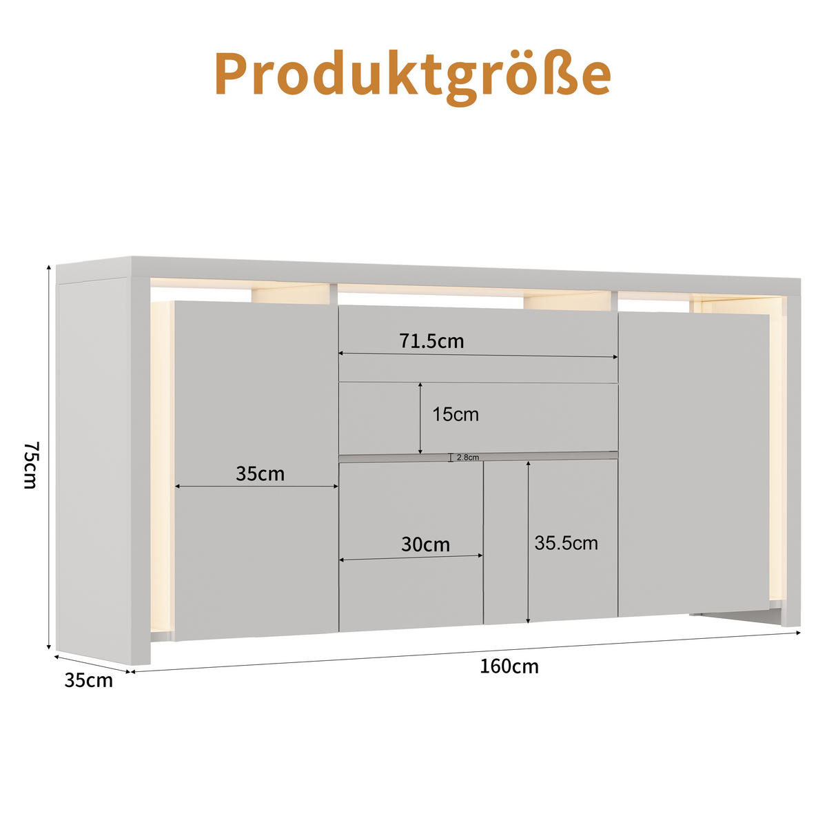 SIDEBOARD 160 cm Hochglanz mit LED, 4 Türen und 2 Schubladen, Küchenschrank mit Stauraum, Weiß - Weiß, Holzwerkstoff (160/35/75cm) - Waldena