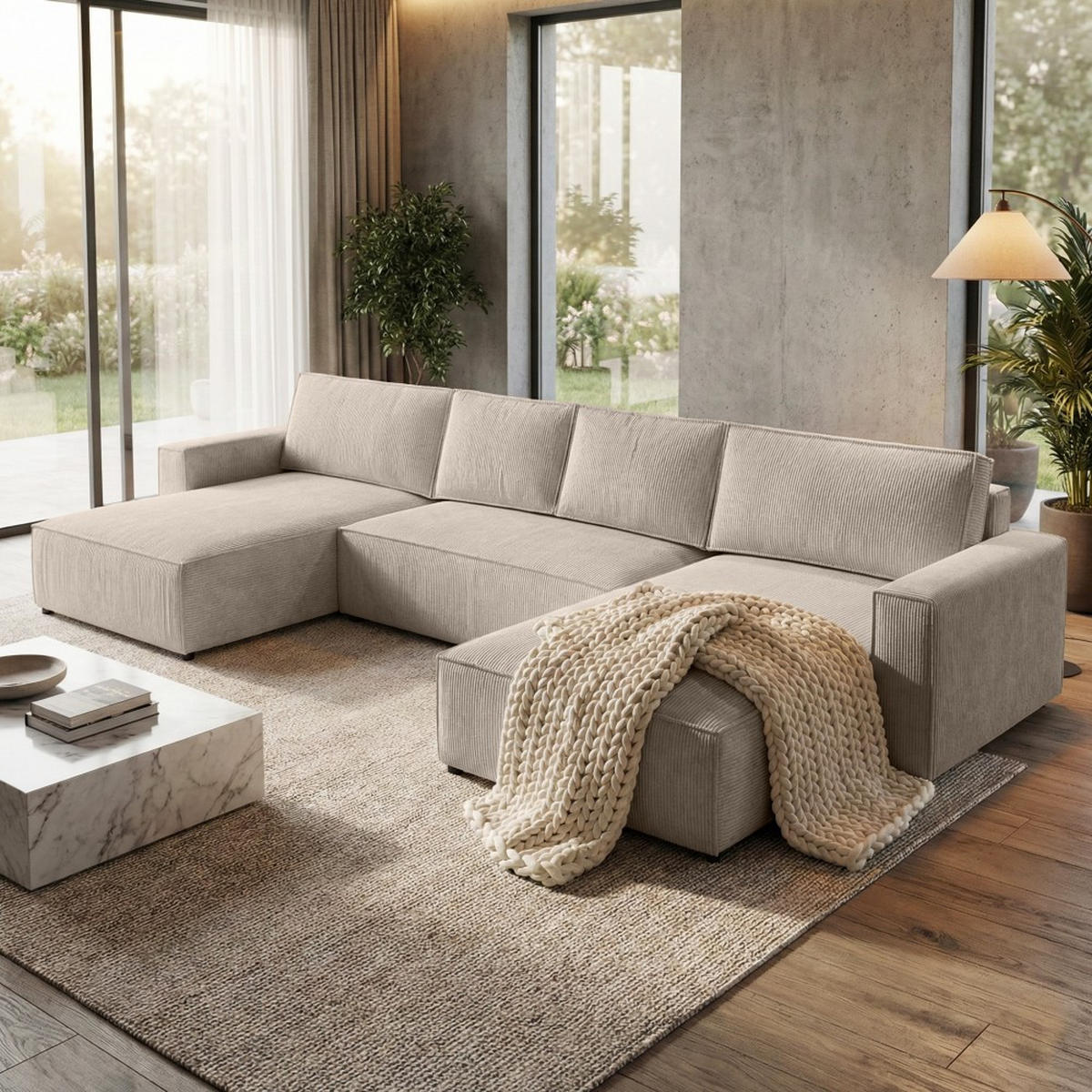 WOHNLANDSCHAFT Parys U mit Schlaffunktion beige - Beige/Schwarz, Kunststoff/Textil (390/70/185cm) - Beautysofa