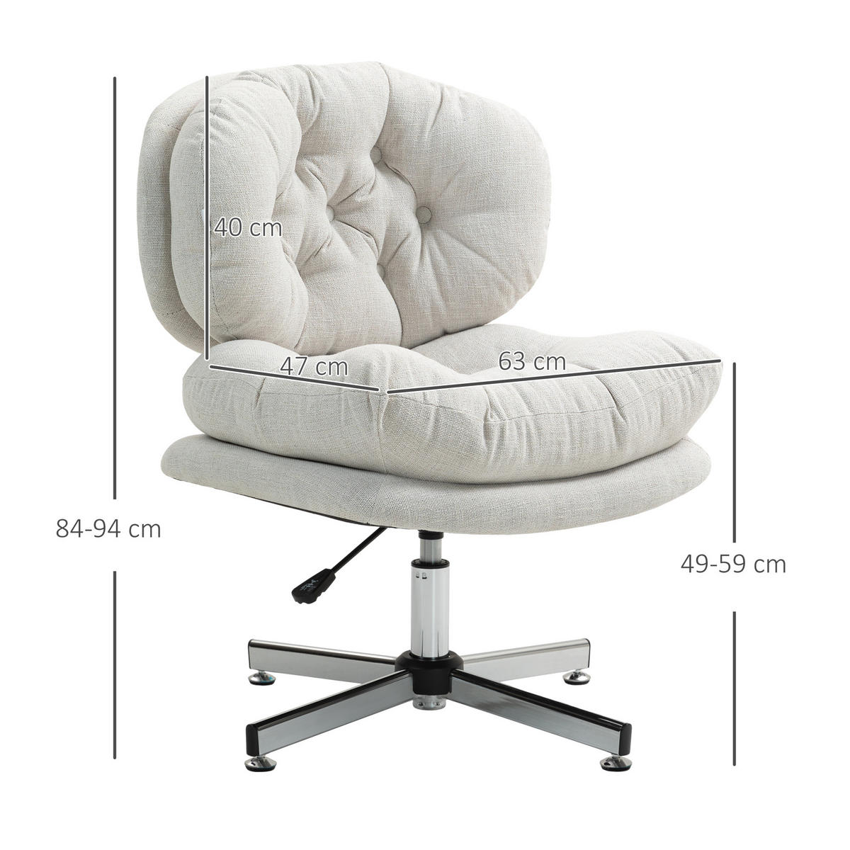 BÜROSTUHL, Gepolsterter Schneidersitz-Stuhl mit Leinenoptik, Cremeweiß - Silberfarben/Creme, Textil/Metall (65/94/65cm) - HOMCOM