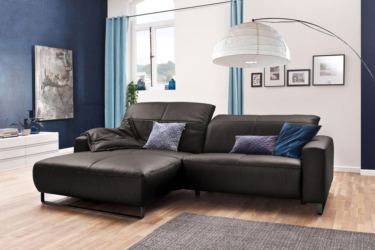 ECKSOFA MIT SITZTIEFENVERSTELLUNG YORK Grau Leder - Schwarz/Grau, Leder (284/180cm) - KAWOLA