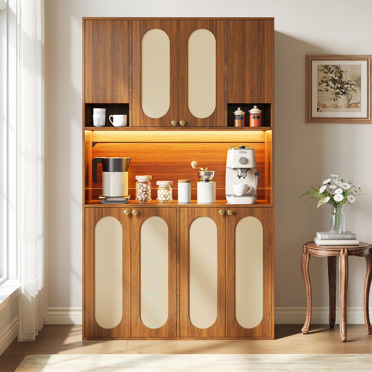 BUFFET Hoch mit PE-Rattan, LED-Beleuchtung und großem Stauraum - Nussbaumfarben, Holzwerkstoff (40/178/106cm) - Korfee