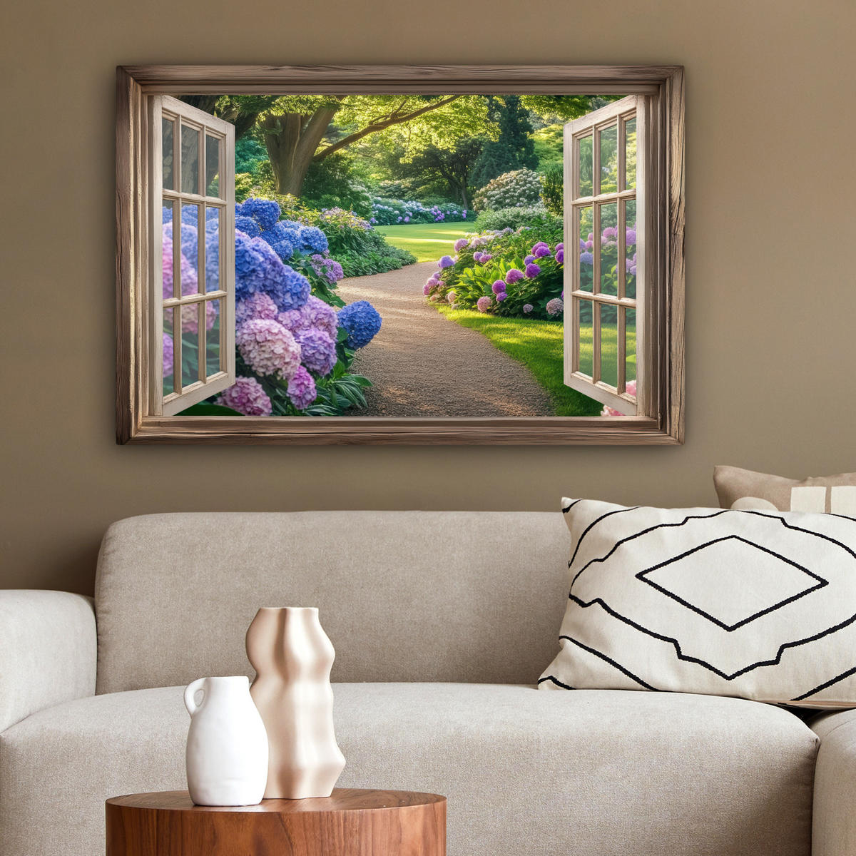 LEINWANDBILD Aussicht - Garten - Fenster - Hortensie - Blumen Gemälde 60x40 cm - Pastellblau, Textil (60/40cm) - MuchoWow