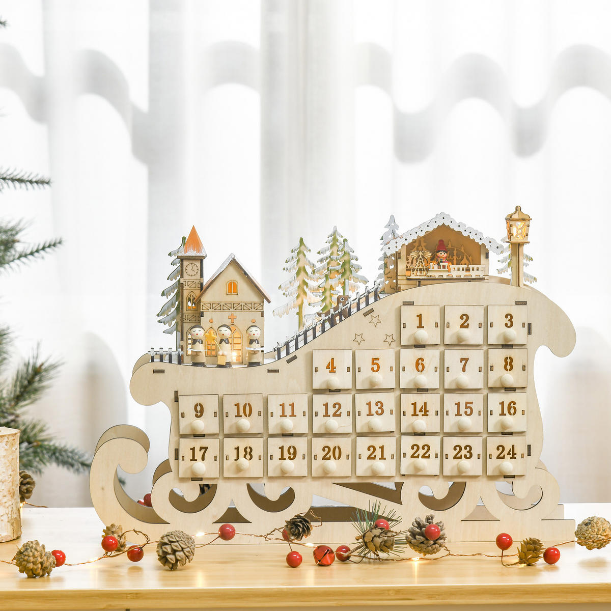ADVENTSKALENDER zum Befüllen, 24 Schubladen Fächer, mit LED-Lichtern, Naturholz - Naturfarben, Holz (10/31/45cm) - HOMCOM