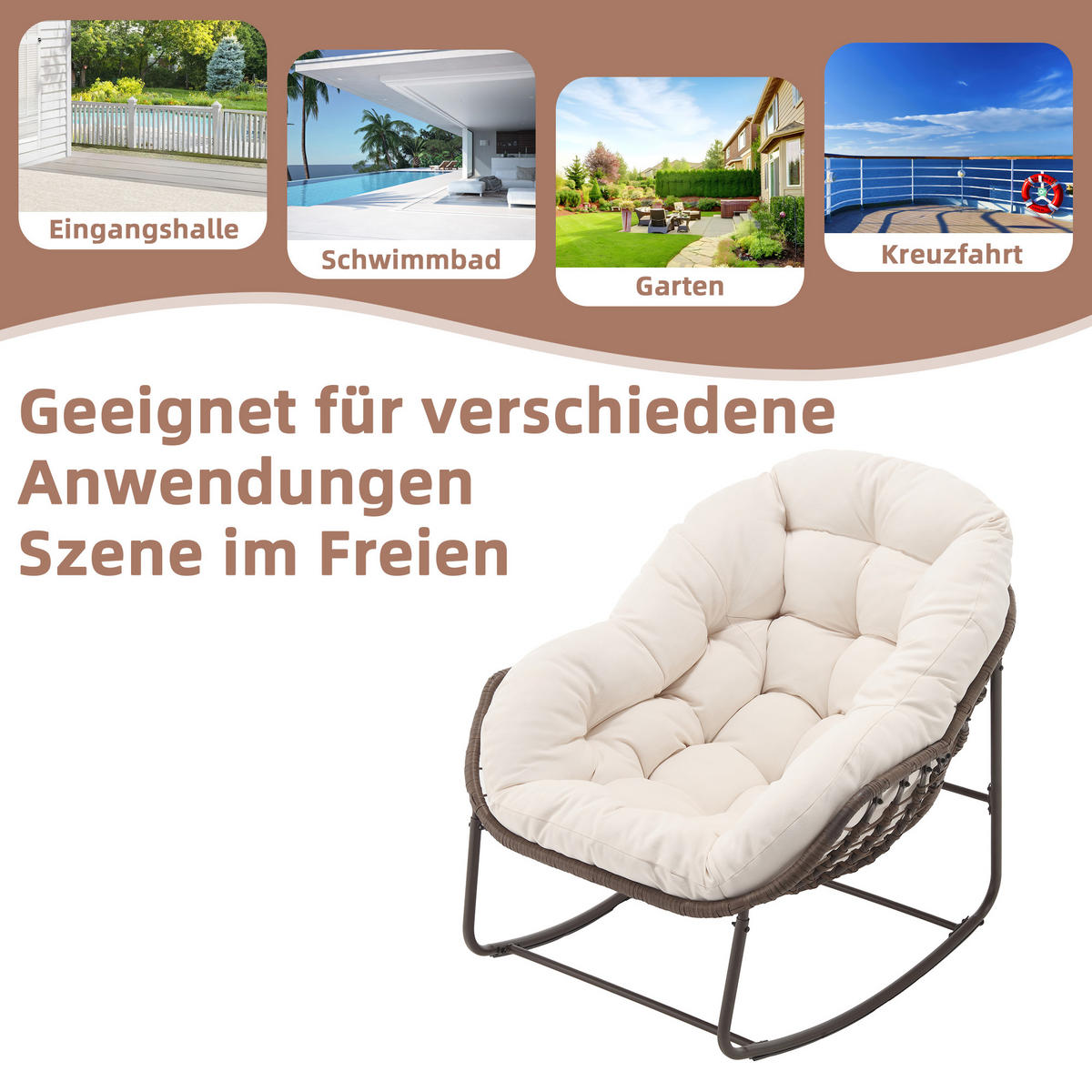 SCHAUKELSTUHL Schaukelsessel Garten,Rattanstuhl mit Stahlrahmen,Weiß-Polyester - Beige, Metall (94.5/80/111cm) - LVHOM