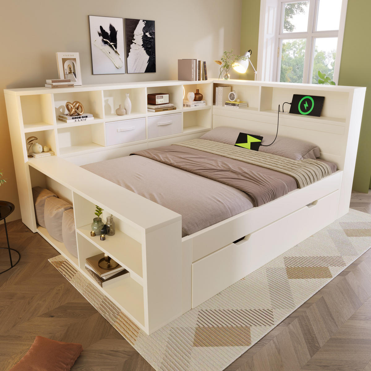 BETT 140/200 cm in Weiß mit Stauraum und USB- und Type-C-Anschlüssen - Weiß, Holz (140/200cm) - Flora Grace