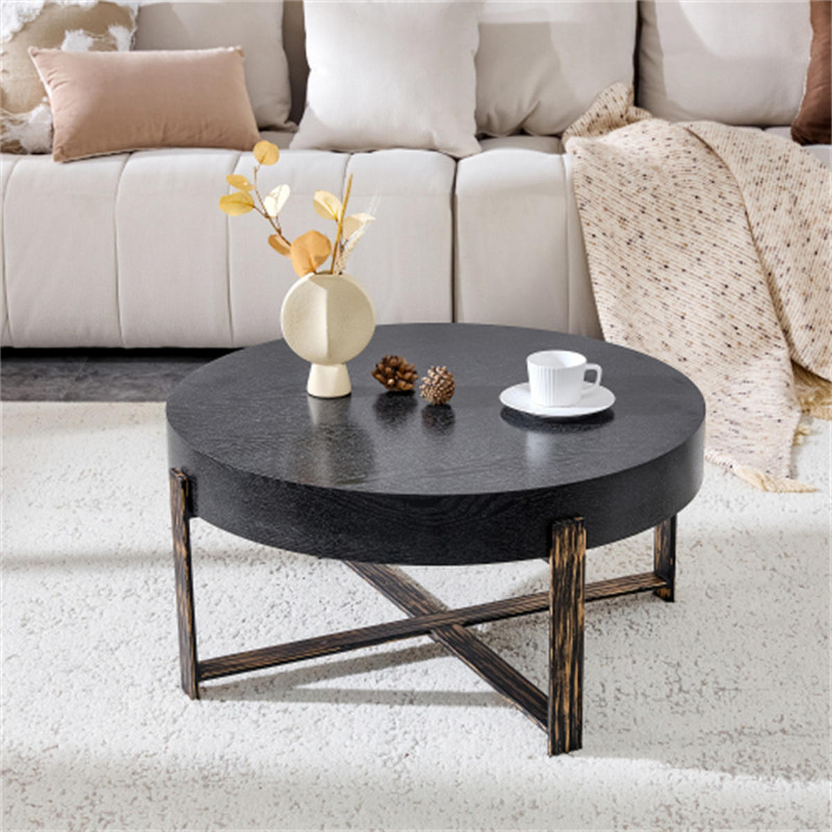 COUCHTISCH rund Retro-Stil Schwarz mit Metallgestell, 68x68x36 cm - Schwarz, Holzwerkstoff (68/68/36cm) - Blomus