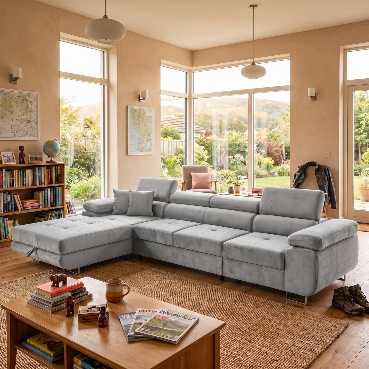 ECKSOFA ALONZO MAXI Links mit Schlaffunktion 125x195 Velours Hellgrau - Silberfarben/Hellgrau, Holz/Textil (350/203cm) - Muffo
