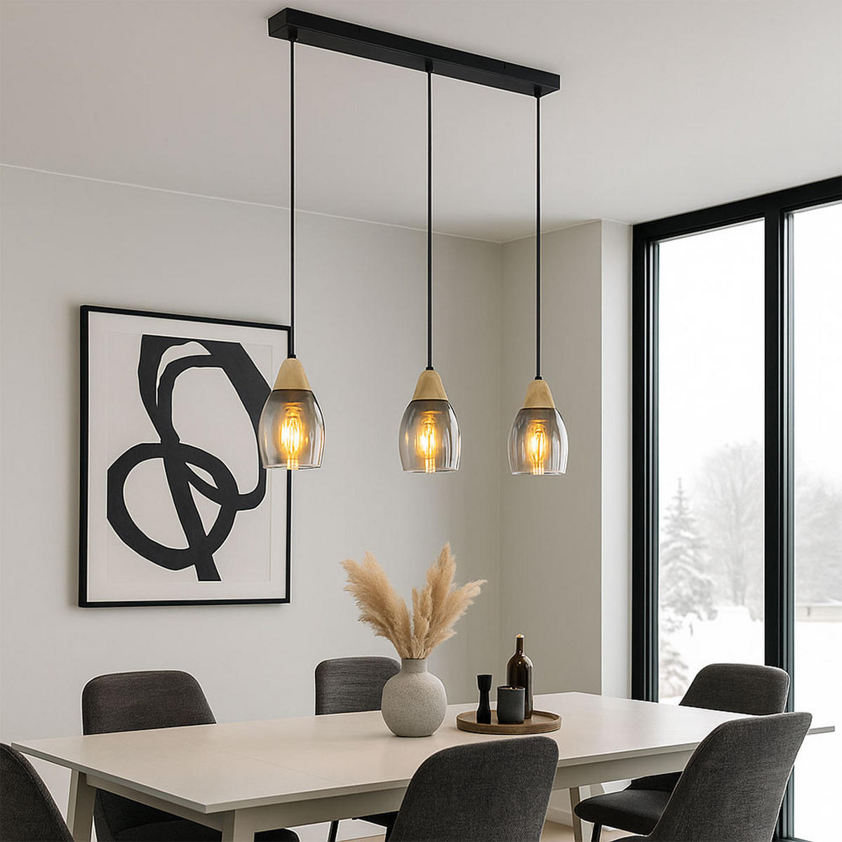 HÄNGELEUCHTE Metall Schwarz Glas rauchfarben - Schwarz, Holz (55/10/120cm) - Globo Lighting