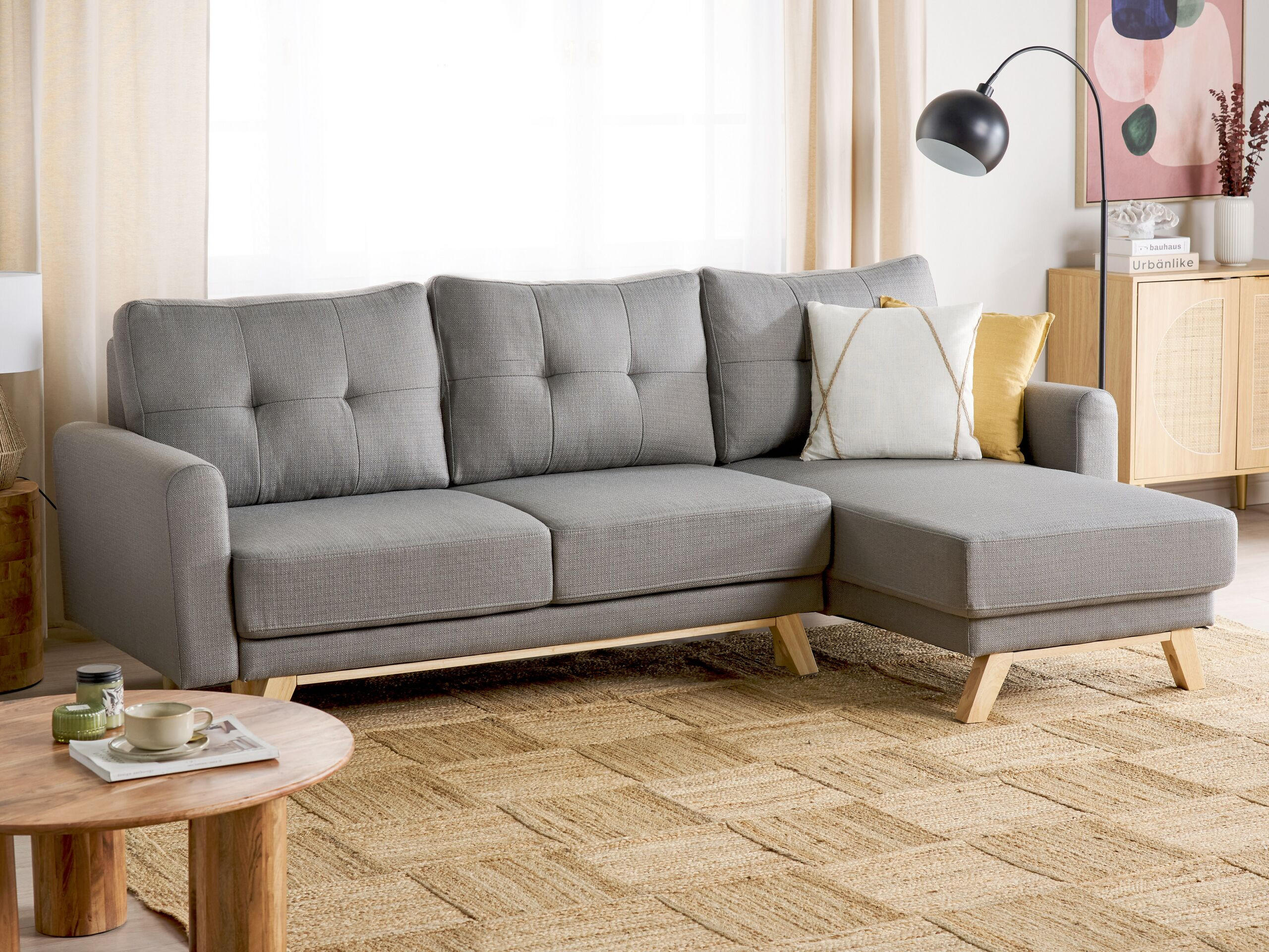 3-SITZER-ECKSOFA grau rechtsseitig mit Schlaffunktion Stauraum Siro - Hellbraun/Grau, Textil (240/142cm) - Beliani