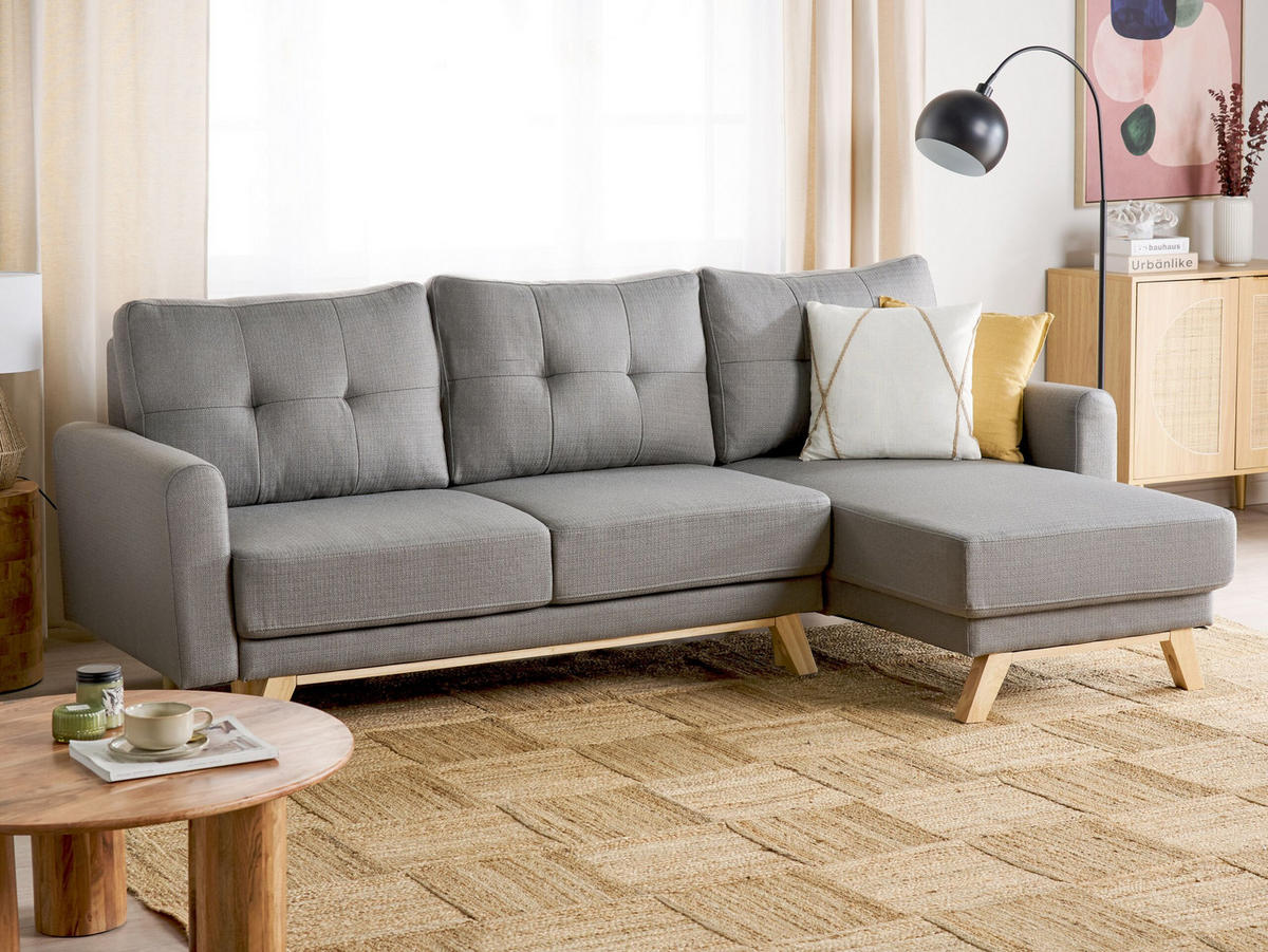 3-SITZER-ECKSOFA grau rechtsseitig mit Schlaffunktion Stauraum Siro - Hellbraun/Grau, Textil (240/142cm) - Beliani