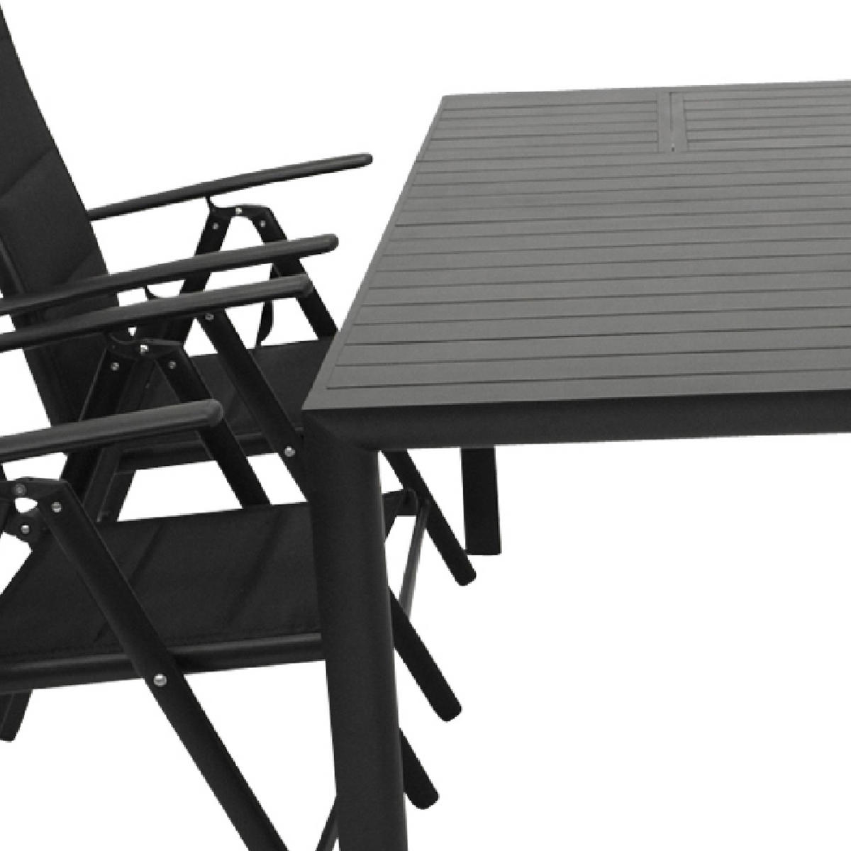 GARTEN-GARNITUR Ashford - 5-teilige Garten-Essgruppe (4x Klappsessel, Aluminium dunkelgrau + Textilgewebe gepolstert schwarz - Schwarz, Metall - TPFGarden