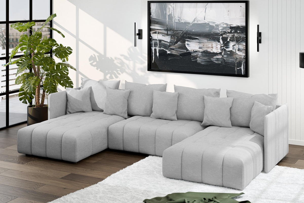 WOHNLANDSCHAFT Veliro U Hellgrau 353/180/83 cm mit Schlaffunktion und Bettkasten - Hellgrau/Schwarz, Kunststoff/Textil (353/83/180cm) - AX Living
