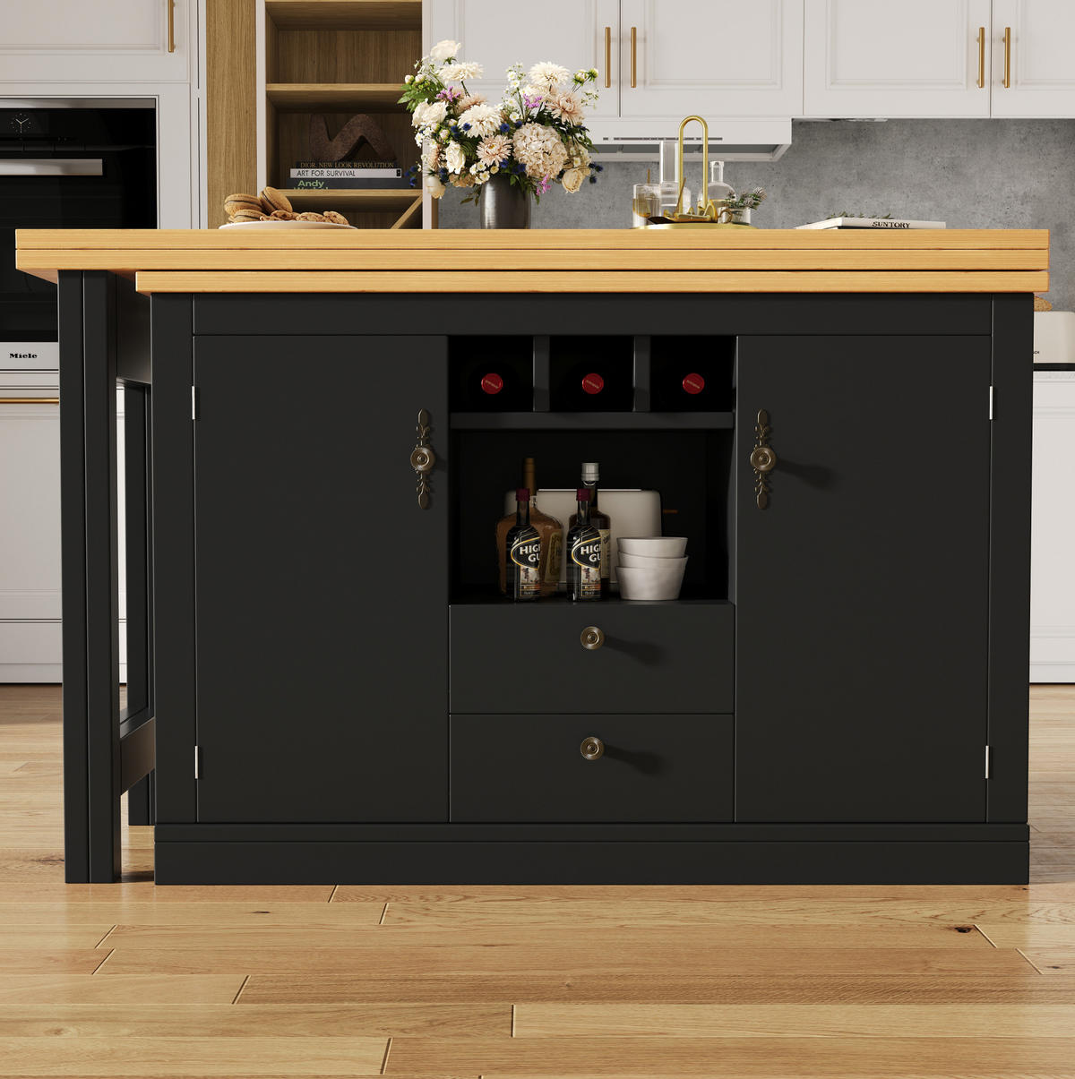 BAROVÝ stůl 120-180/40/76 cm s otočnou deskou, úložným prostorem a policí na víno, MDF, Černá/Přírodní - černá, kompozitní dřevo (40/180/76cm) - Redom