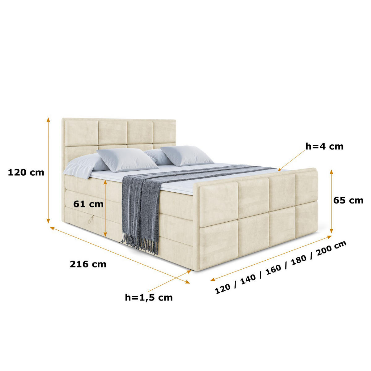 BOXSPRINGBETT NOVA-Z KING - 140 x 200 - H3/H4 - Beige - Beige, Holzwerkstoff (140/200cm) - ALTDECOR