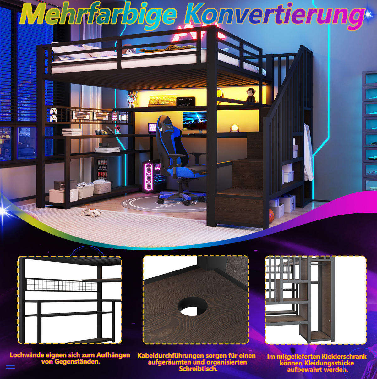 HOCHBETT 140/200 cm mit LED, Schreibtisch, Kleiderschrank und Stauraum - Schwarz, Metall (140/200cm) - MIVRAY