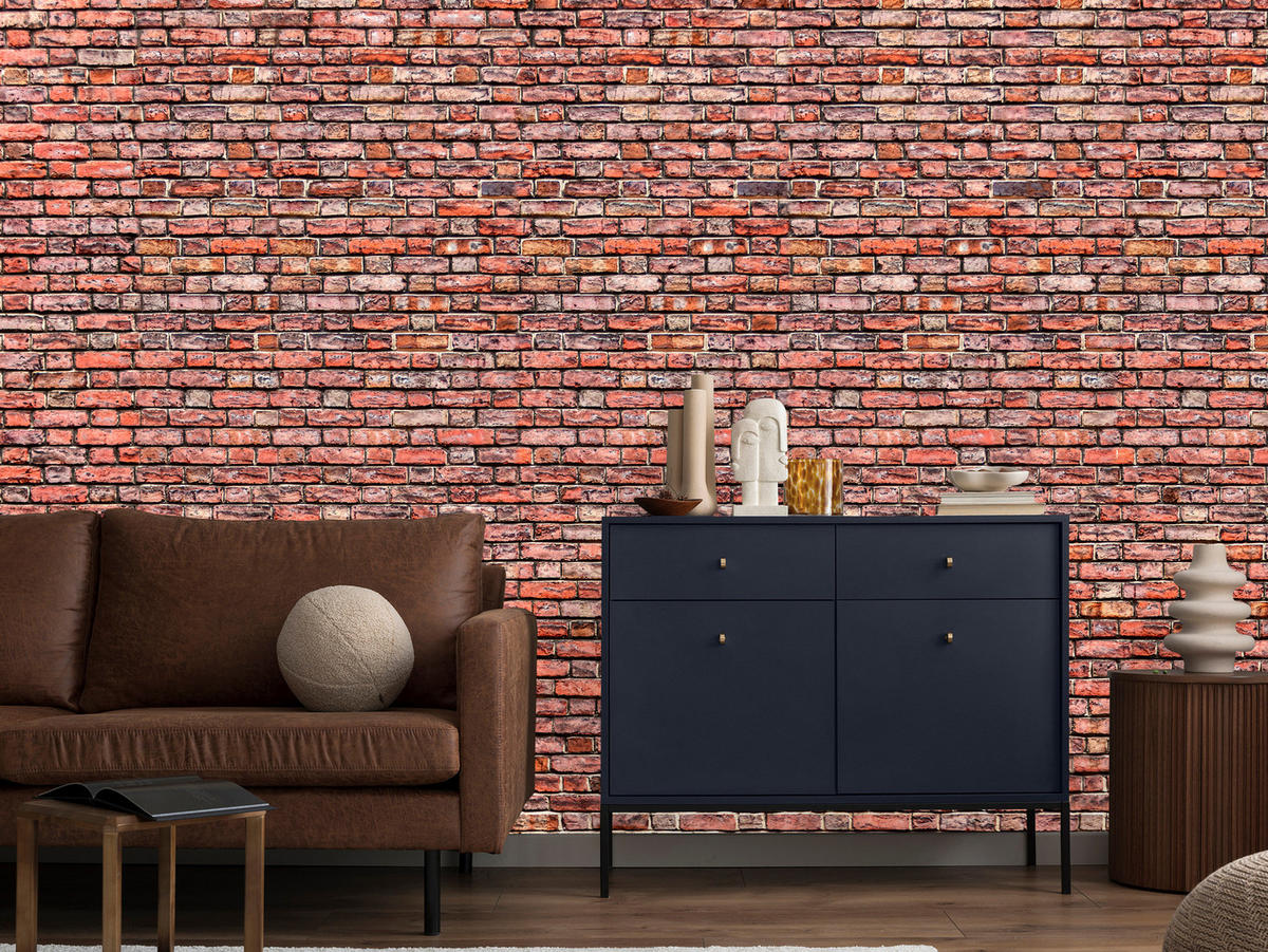 FOTOTAPETE für Wohnzimmer Alter Ziegelstein Roter Wand Rustikal 350x256 - Rot/Orange, Papier (350/256cm) - Muralo