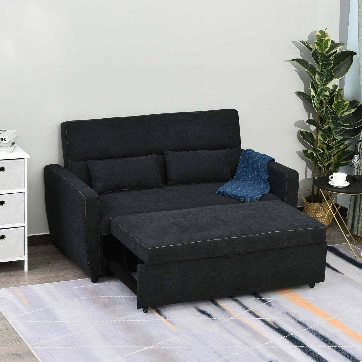 SCHLAFSOFA Chaiselongue Sofabett 2-Sitzer Stoffsofa Sofagarnitur Schwarz - Schwarz, Holz (90/88.5/155cm) - HOMCOM