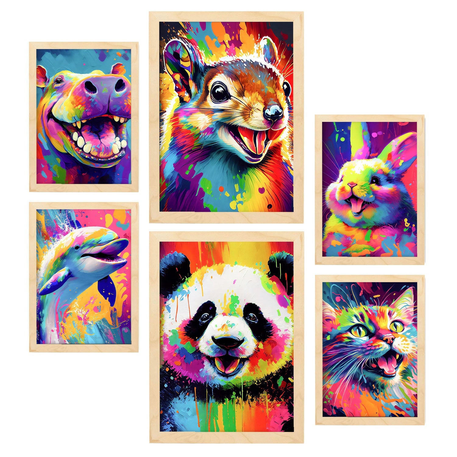 POSTER Set Mit 6 Entzückende Tiere Im Hochformat Lebhafte Aquarell Stil Illustrationen Von Lächelnde Tiere A3 & A4 Rahmen Aus Hellem Holz - Beige, Papier (29/3cm) - Nacnic