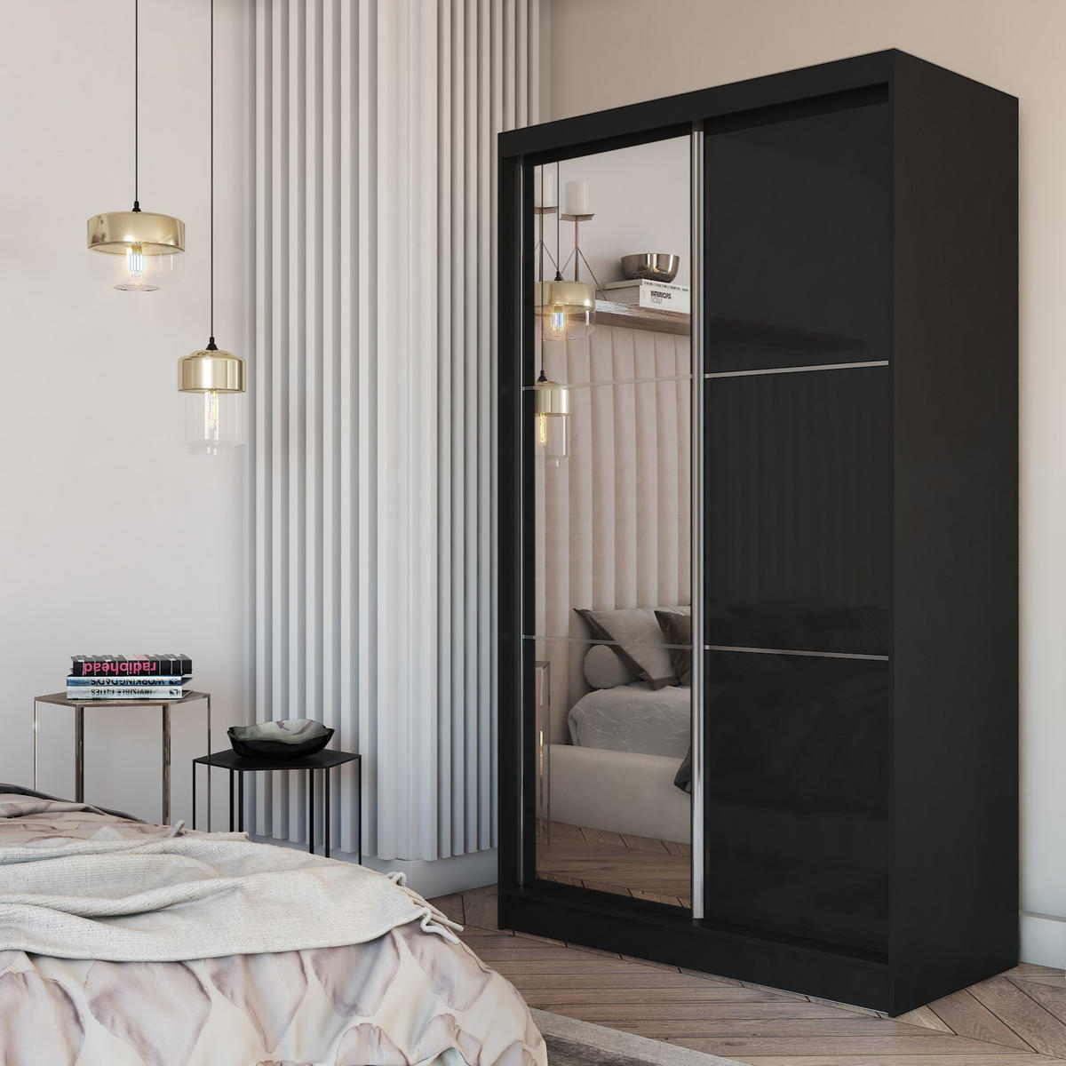 SCHWEBETÜRENSCHRANK VITALE 120/216/61 cm 2-türig mit Spiegel Schwarz - Schwarz, Holzwerkstoff (120/216/61cm) - MASSENO