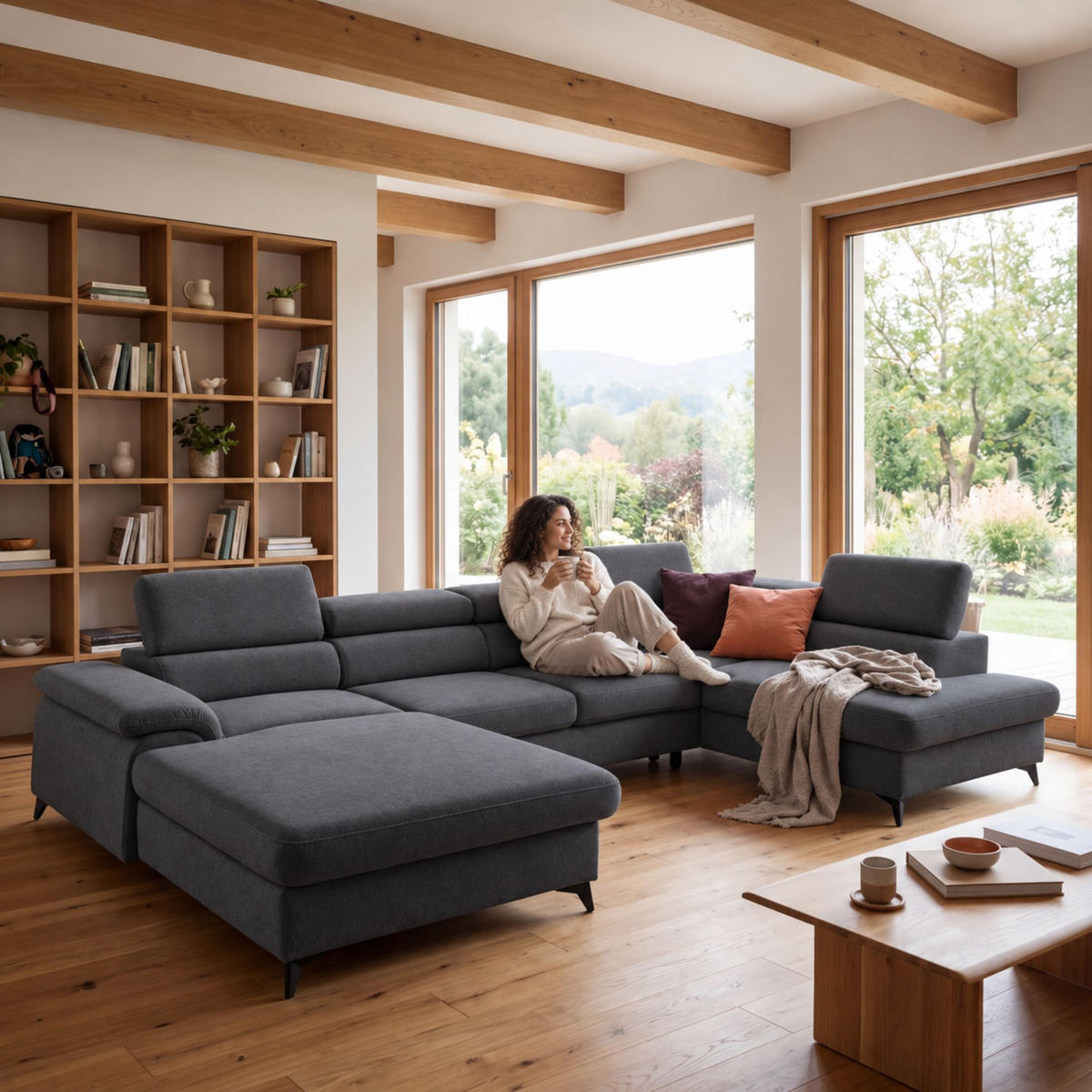 ECKSOFA U-Form PLAZA U Rechts mit Schlaffunktion 125x256 Velours Anthrazit - Anthrazit/Schwarz, Holz/Kunststoff (210/95/350cm) - Muffo