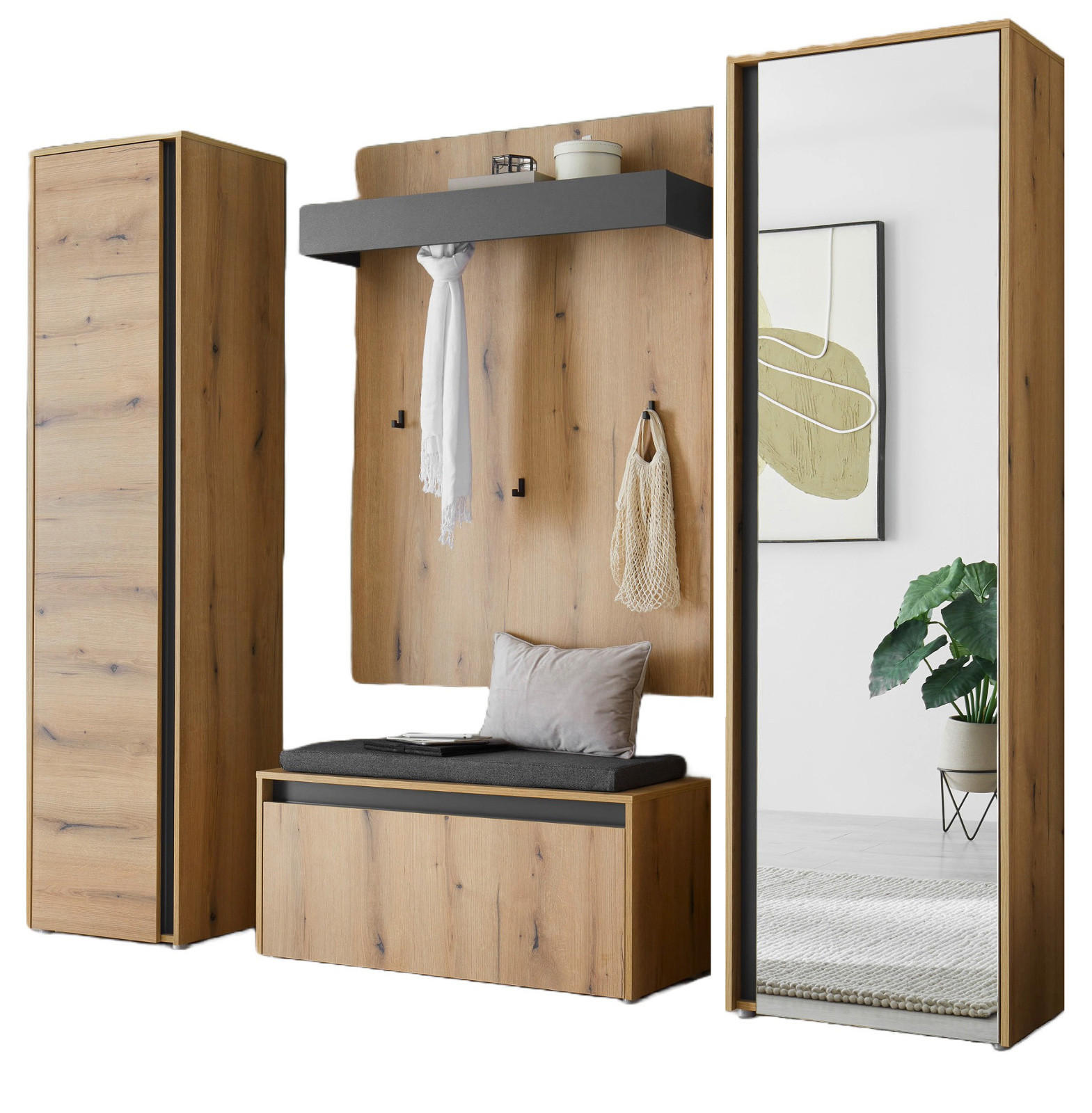 GARDEROBE-SET 5-teilig Evoke Eiche, grau 230 cm, Garderobenkombination mit viel Stauraum - Eichefarben/Schwarz, Glas/Holzwerkstoff (230/200/200cm) - Furn.Design