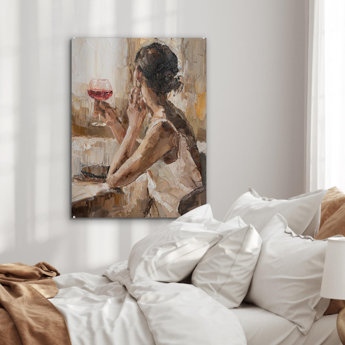 ACRYLGLASBILD Ölgemälde - Frau - Wein 60x80 cm - Hellbraun, Glas (60/80cm) - MuchoWow