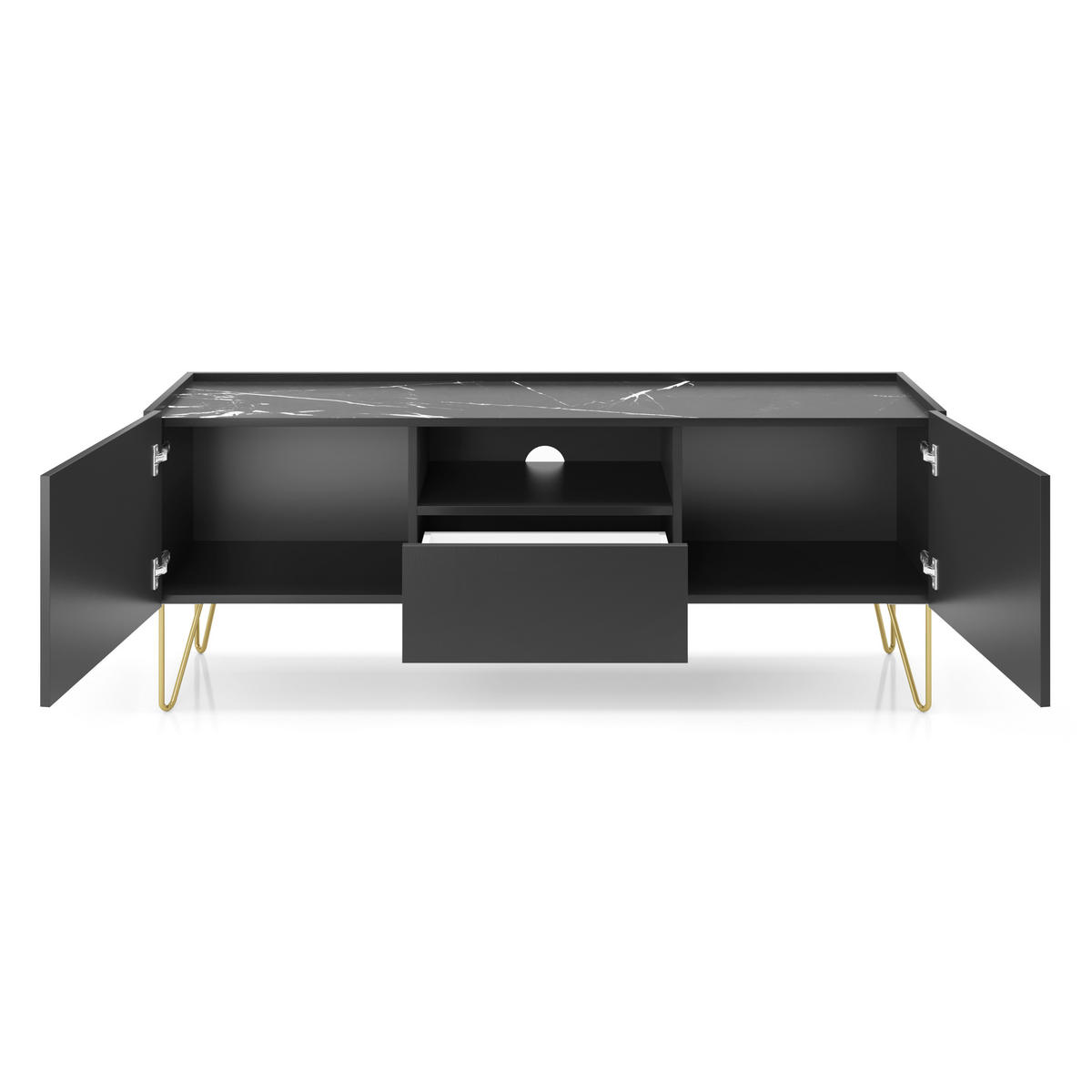 WOHNWAND Canmore 2, 2-er Set, Scharnier Häfele Marmor Schwarz Graphit Schwarz - Graphitfarben, Glas/Holzwerkstoff (241/122/37cm) - Komodee