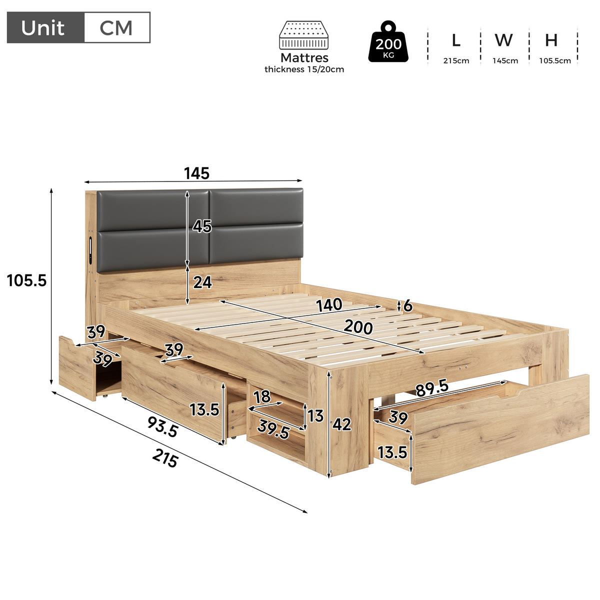KINDERBETT 140/200 cm mit USB und Stauraum, DE-41825, in Naturfarbe - Naturfarben, Holzwerkstoff (140/200cm) - ComfortXL