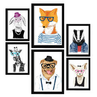POSTER Set Mit 6 Hipster Tiere Im Farbenfrohen Handgezeichneten Weißer Hintergrunddruck Mit Tieren In Menschlicher Kleidung A3 & A4 Schwarzer Rahmen - Schwarz, Papier (29/3cm) - Nacnic