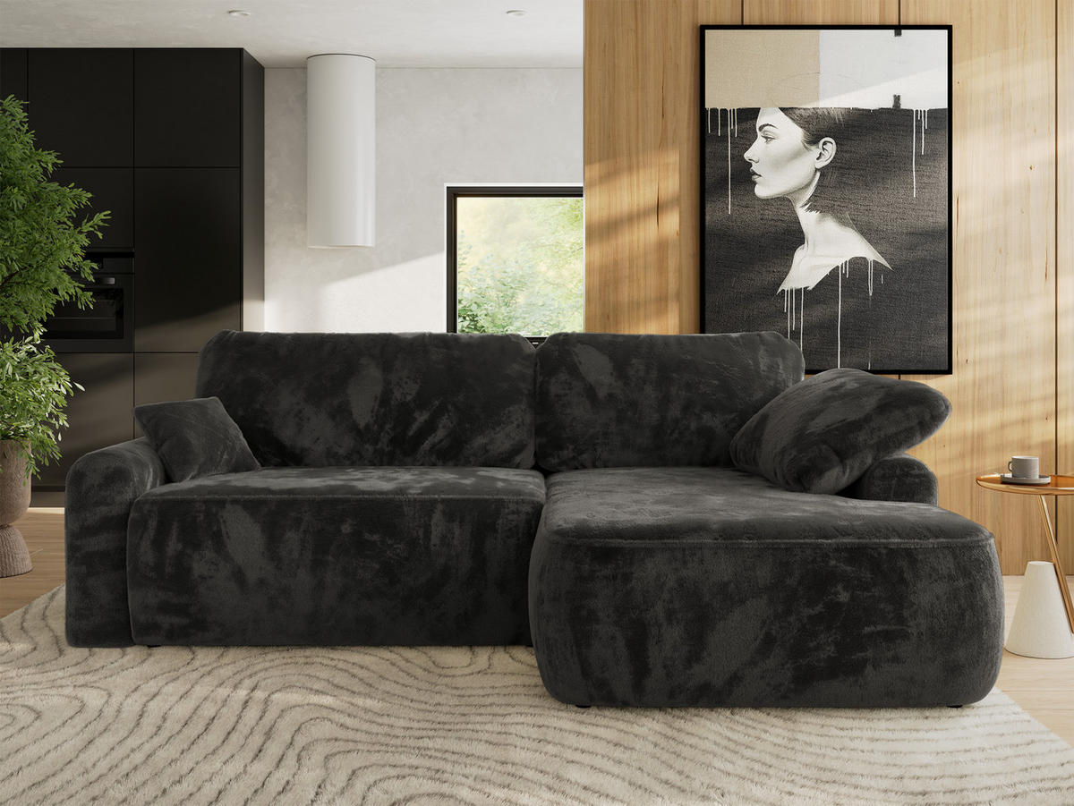 ECKSCHLAFSOFA CUBO L Dunkelgrau Plüsch - rechts - Dunkelgrau/Schwarz, Kunststoff/Textil (187/273cm) - MKS