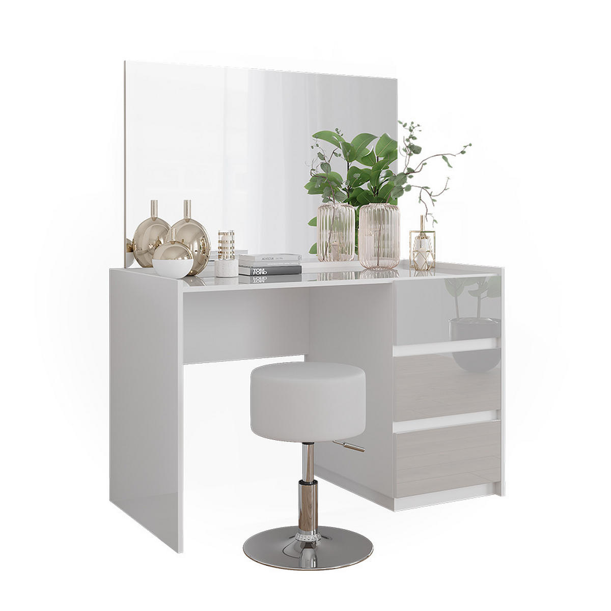 SCHMINKTISCH Marla Weiß Hochglanz 120 cm mit Spiegel und Hocker - Weiß Hochglanz, Holzwerkstoff (120/78.6/60cm) - Vicco