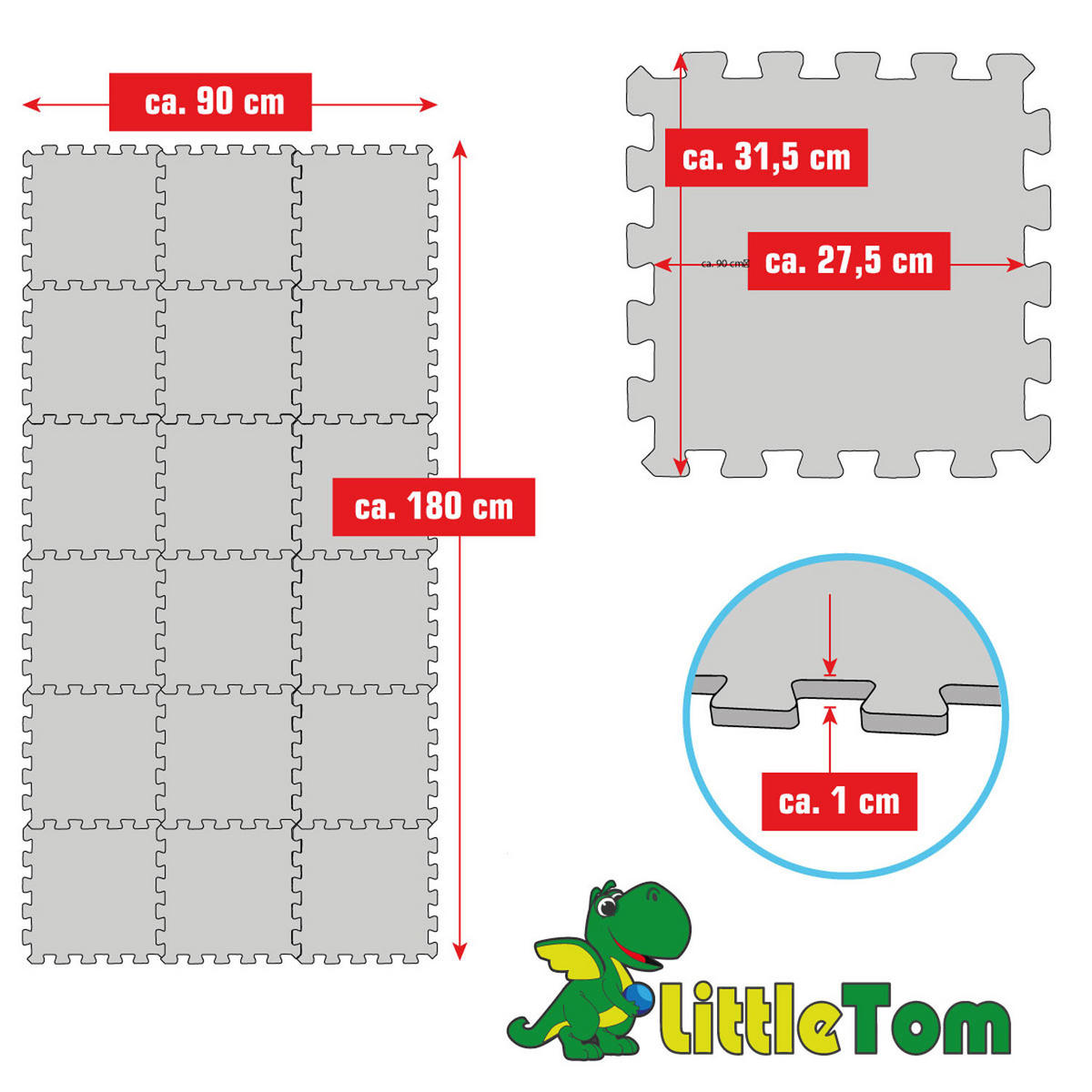 SPIELMATTE - 18er Set - 30x30 cm - Puzzlematte für Kinderzimmer - Grau, Kunststoff (30/30cm) - Littletom
