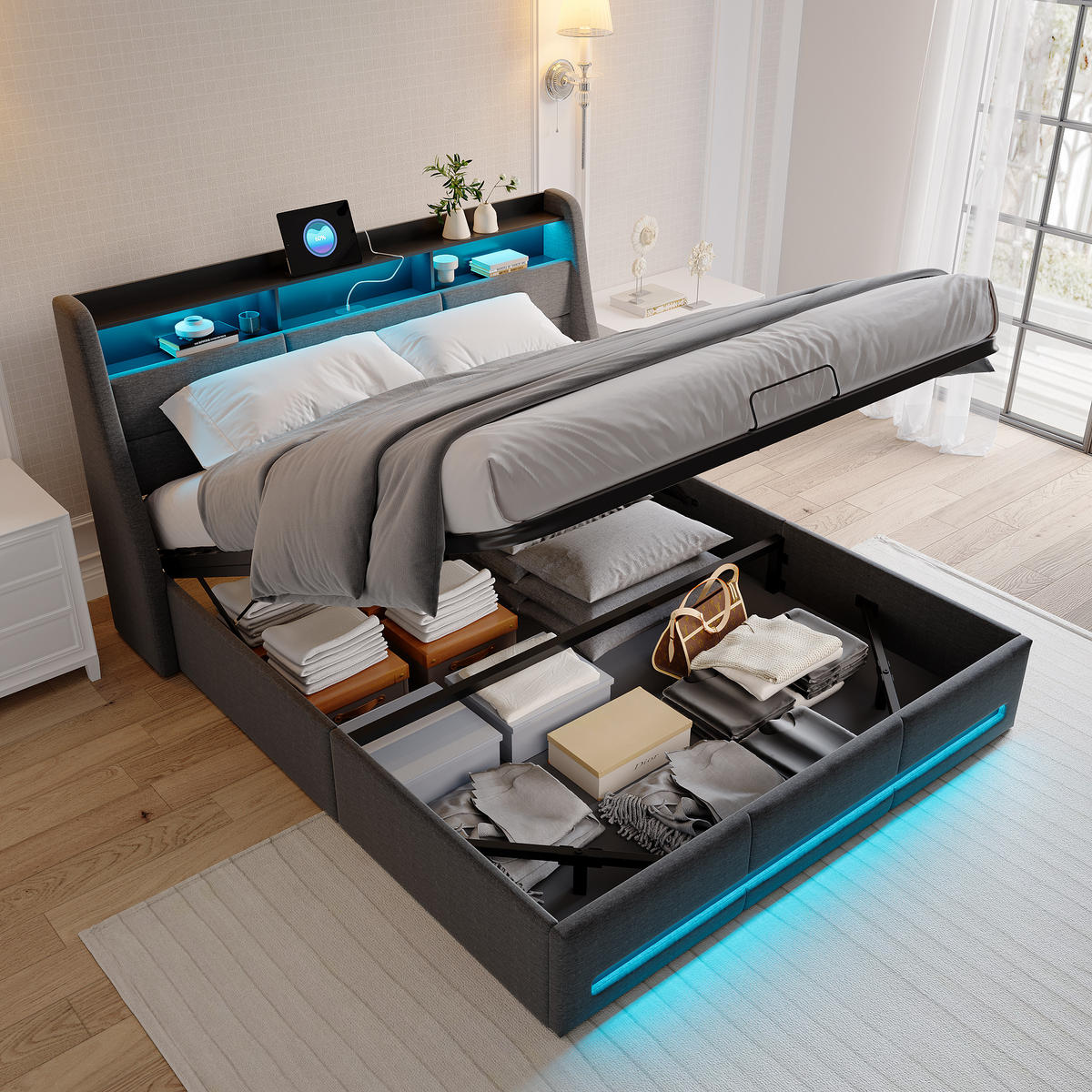 POLSTERBETT 140x200 cm, Grau, mit USB, LED-Beleuchtung - Grau, Textil/Metall (140/200cm)