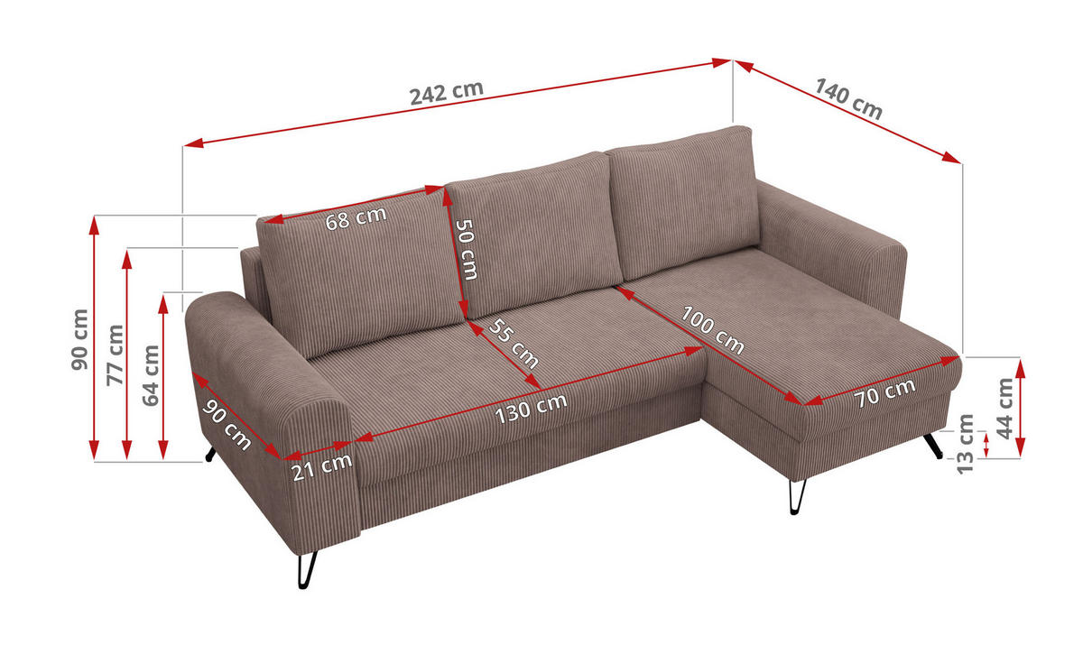 ECKSOFA Hugo Cord Rosa - Schwarz/Rosa, Textil/Metall (242/140cm) - MKS