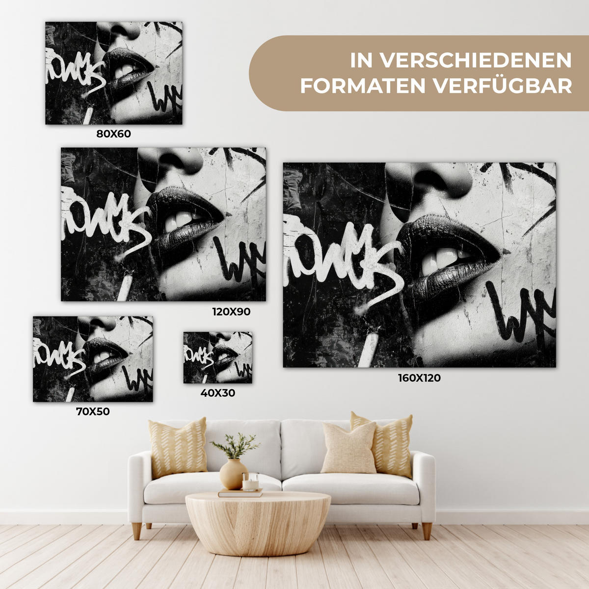 LEINWANDBILD Gesicht - Mund - Graffiti - Schwarz Wandbilder 80x60 cm - Schwarz, Textil (80/60cm) - MuchoWow