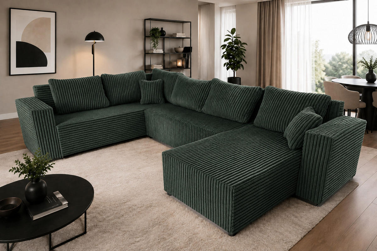 WOHNLANDSCHAFT Stylo U-Form mit Schlaffunktion & Bettkasten – Ecksofa in Cord Tilia – Breite 315 cm Grün - Grün, Kunststoff (314/90/215cm) - Wohnideebilder