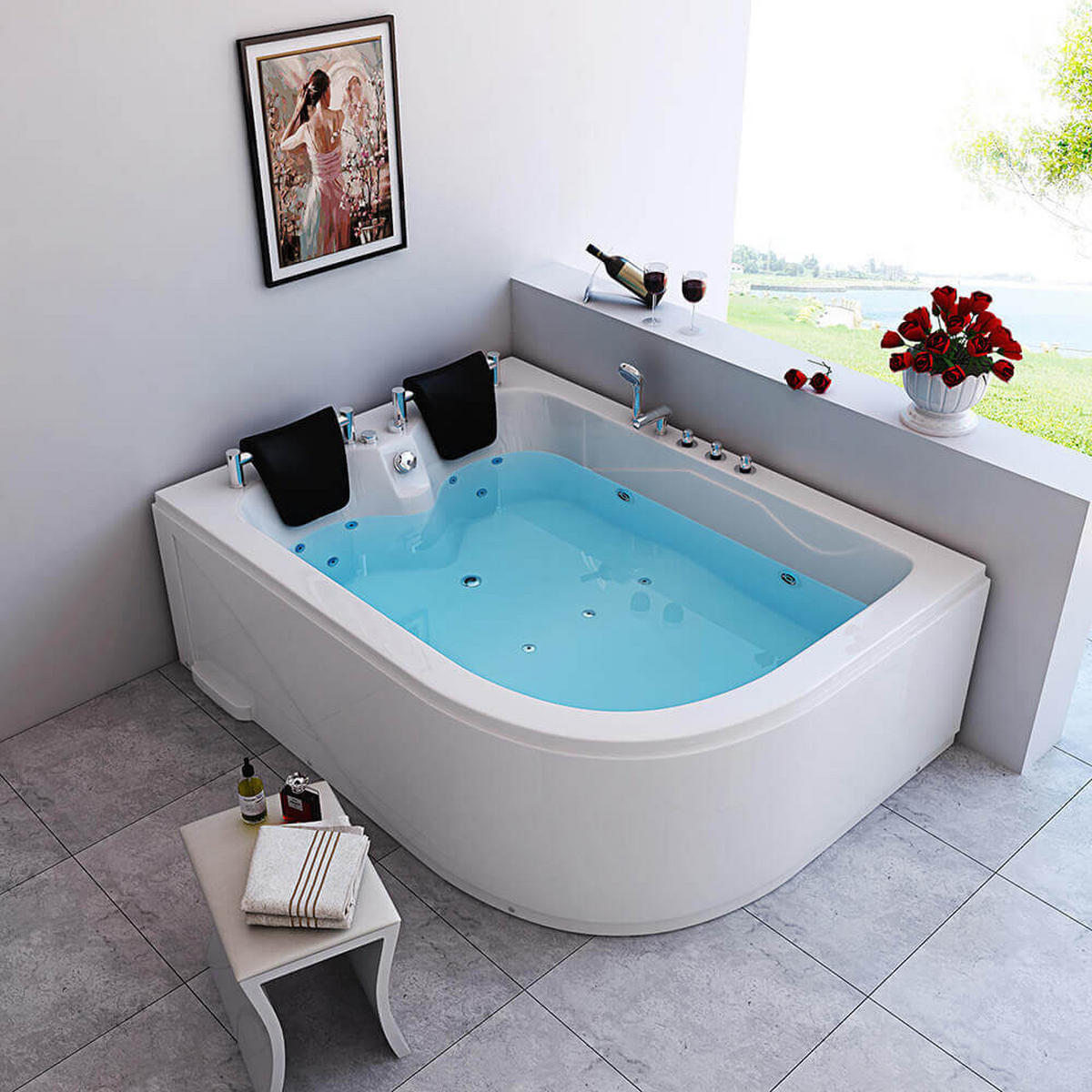 INDOOR Whirlpool für 2 Personen BLUE OCEAN XL - 180 x 120 cm Rechts - Weiß, Keramik (180/65/120cm) - Home Deluxe