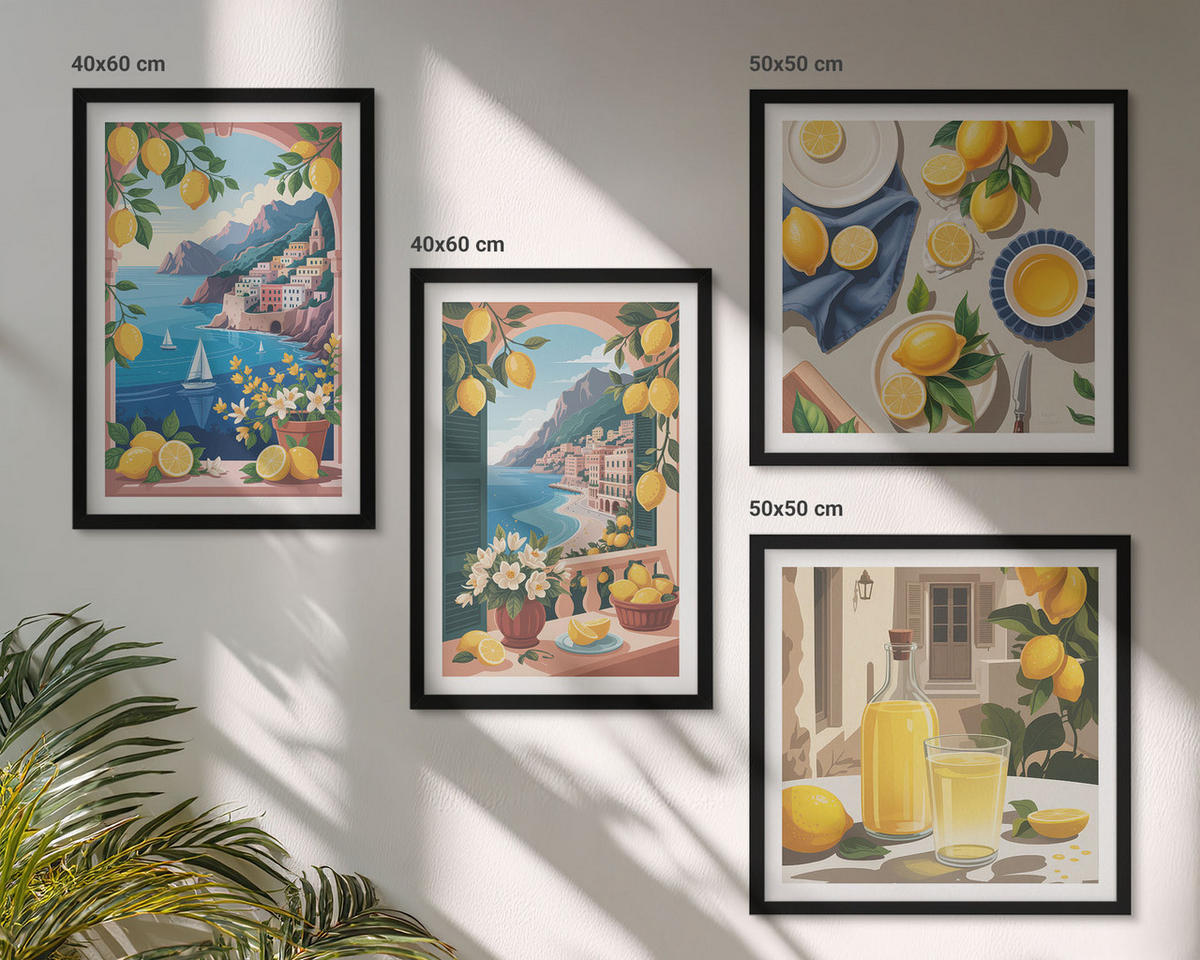 WANDBILDER 4er-Set - 50x50 cm & 40x60 cm Schwarzer Rahmen - Meerblick, italienische Zitronen - Schwarz, Kunststoff (50/50cm) - ArtPrintCave