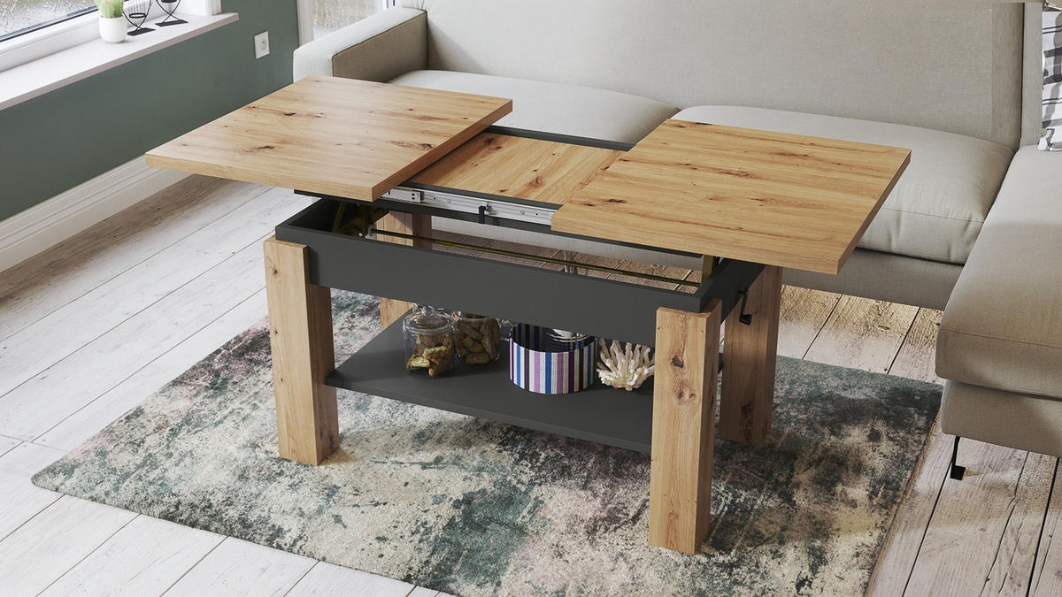COUCHTISCH rechteckig Eiche Artisan - Anthrazit ausziehbar höhenverstellbar - Anthrazit/Eiche Artisan, Holzwerkstoff (68/110/59cm) - designimpex