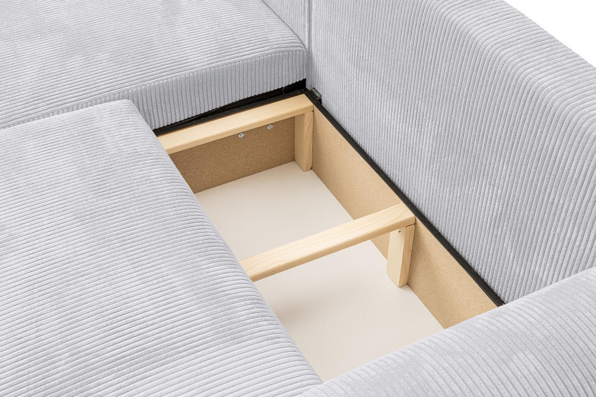 ECKSOFA Roma, Eckcouch in L-Form mit Schlaffunktion und Bettkasten, Farbe: Hellgrau, Cordstoff, Ottomane Universal - Hellgrau, Textil (244/142cm) - VENASI MÖBEL
